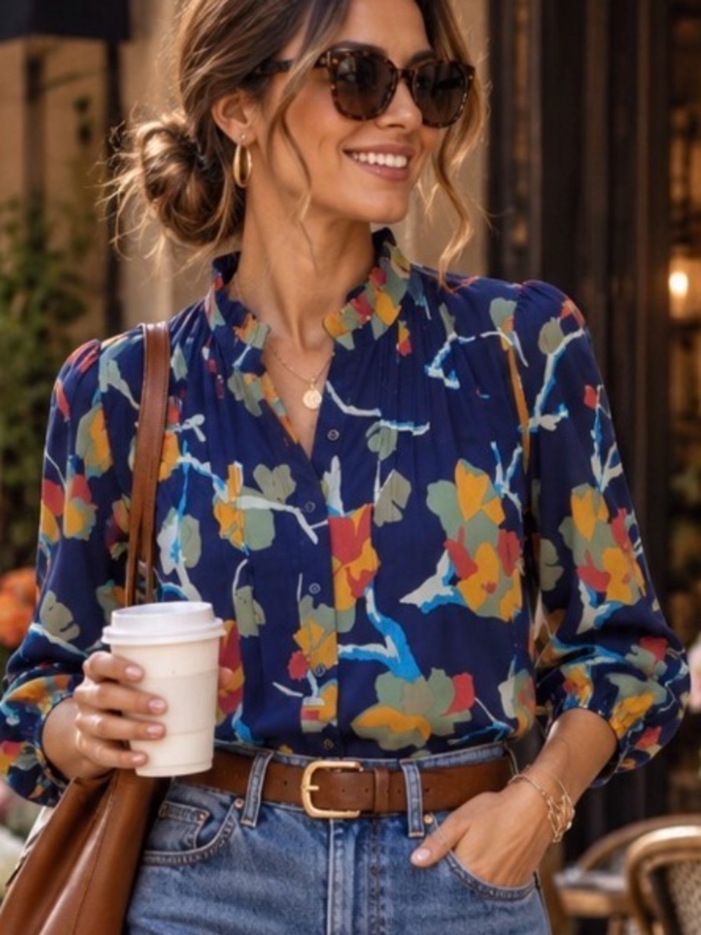 Lauren Ralph Lauren Floral Georgette Blouson Sleeve Blouse L Navy Art Deco